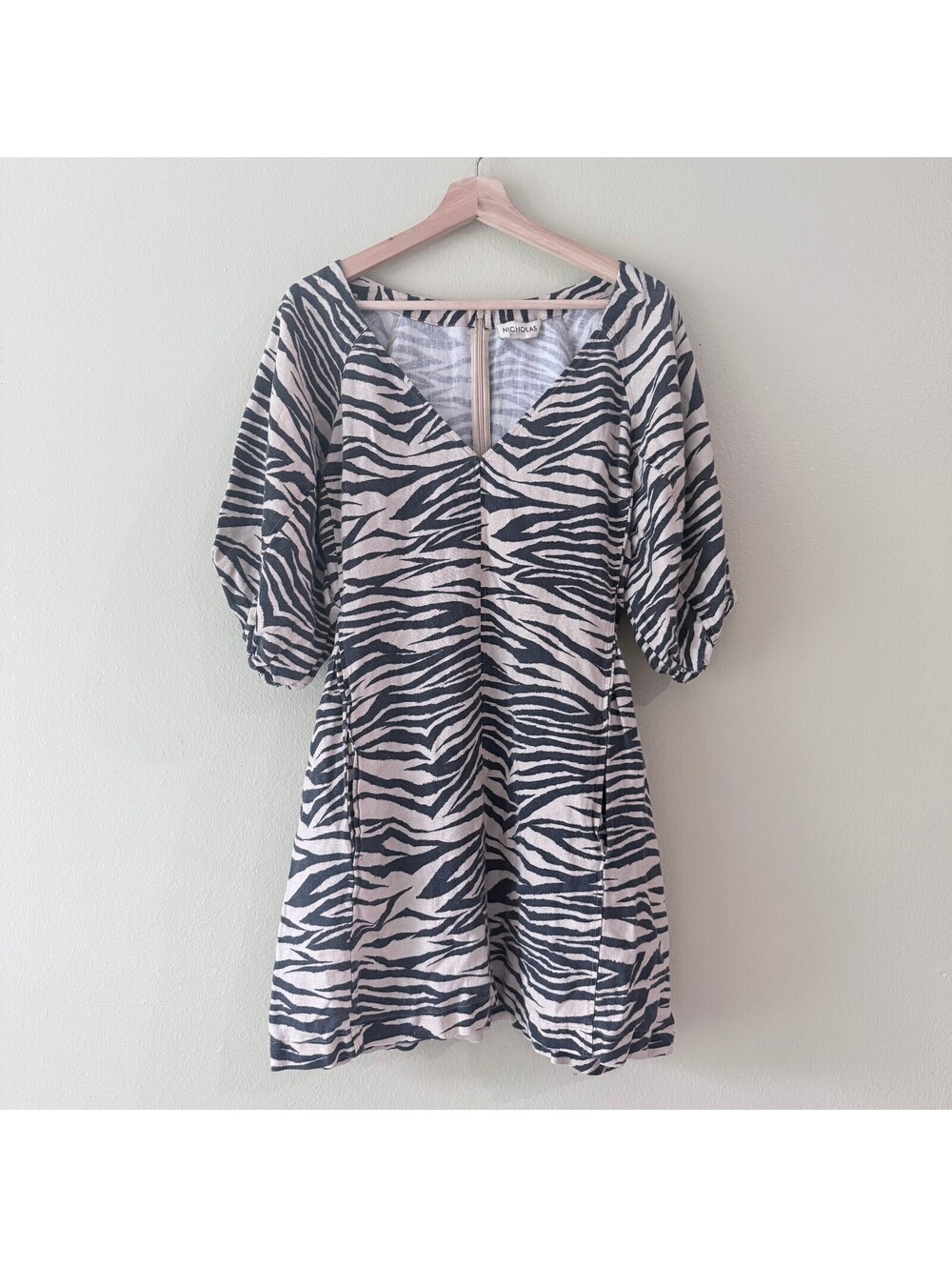 Nicholas Zebra Print V-Neck Linen Dress with Puff Sleeves US 8